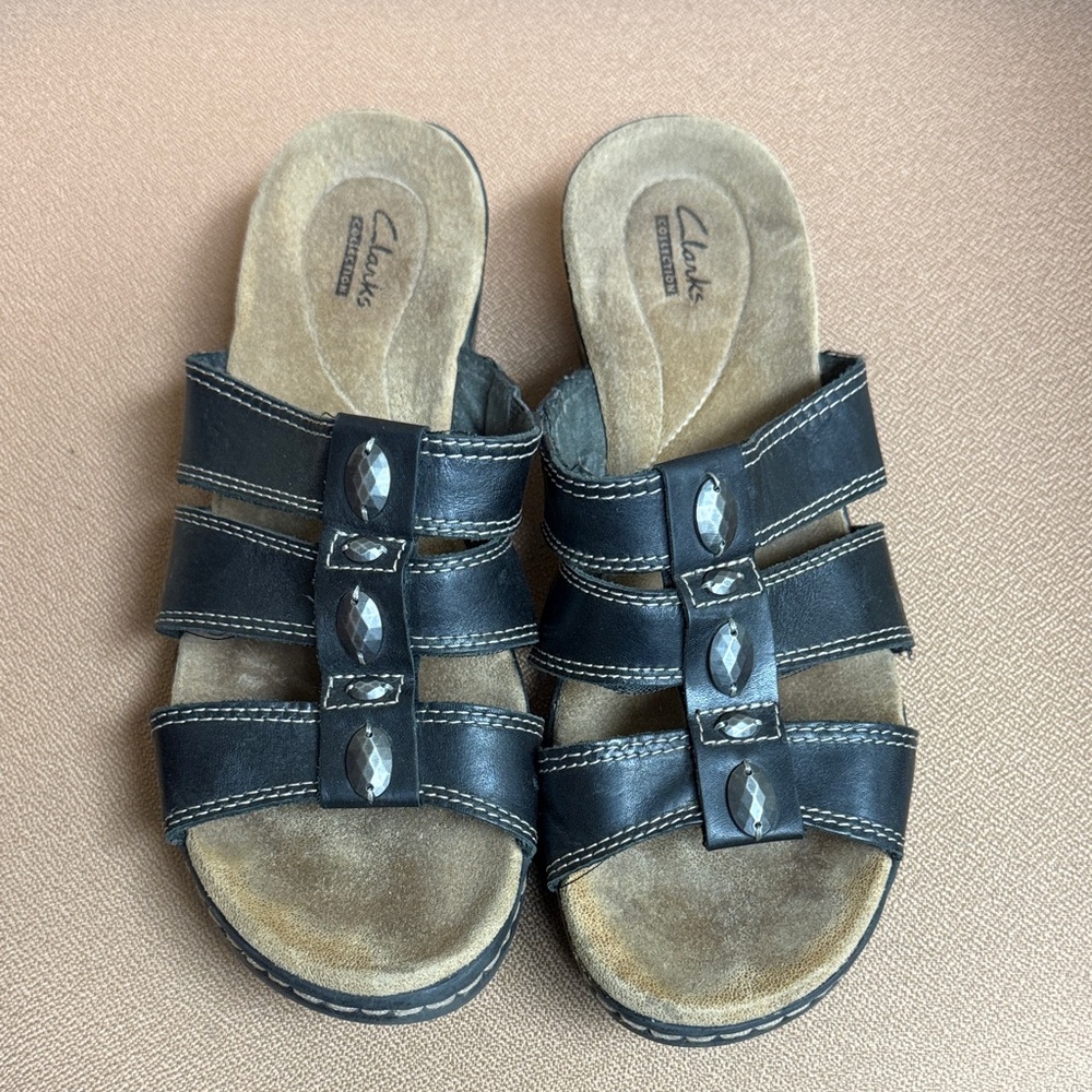 Clarks Black Slide Sandals with Gem Accents